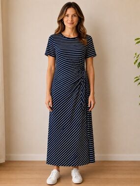DKNY Navy White Striped Maxi Dress Draped Front Size M